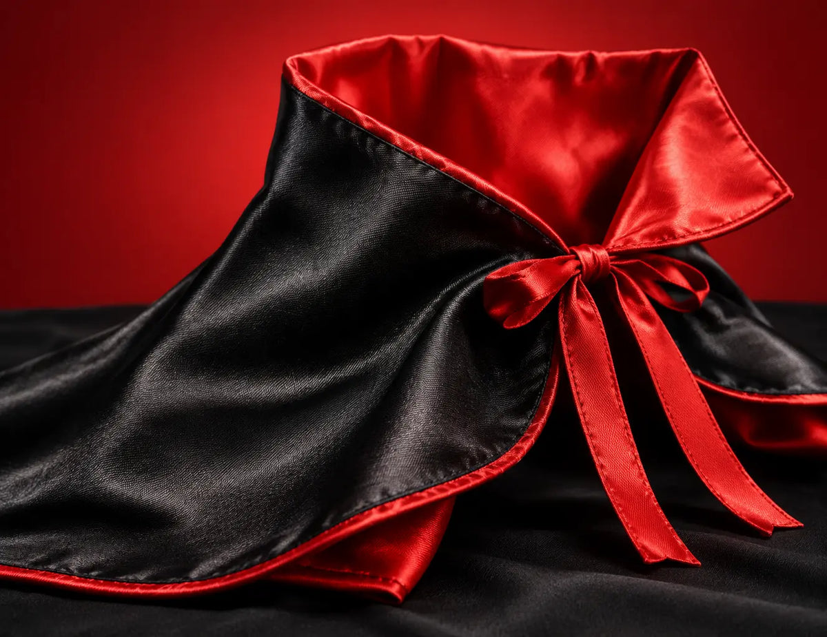 The vampire cape’s black satin outer panel and red satin edging, filling the frame as a precise mate
