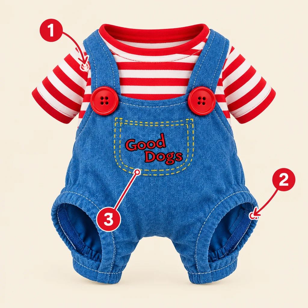 The exact blue spooky-doll costume from ref r10 is the subject, shown large from the front on a clea