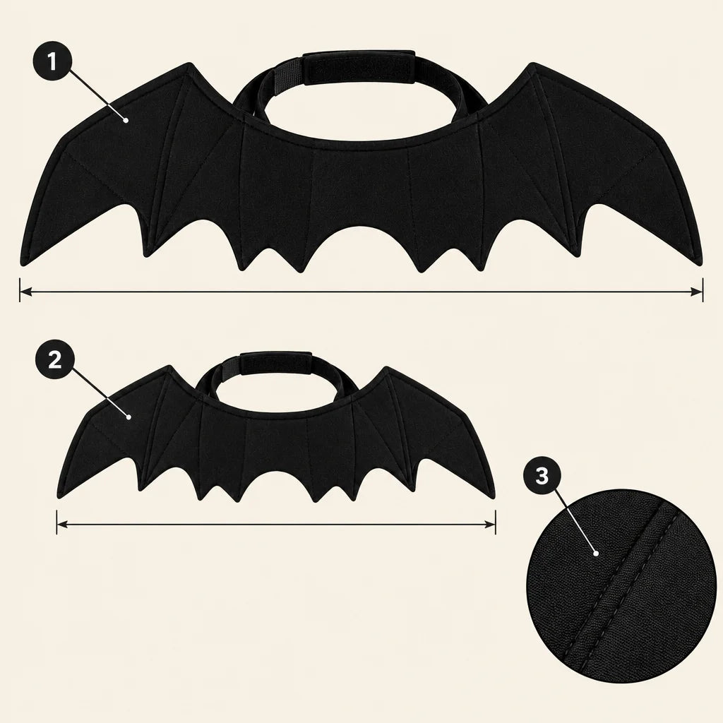 The exact black bat-wing accessory from ref r18 is the subject, shown large and open on a clean warm