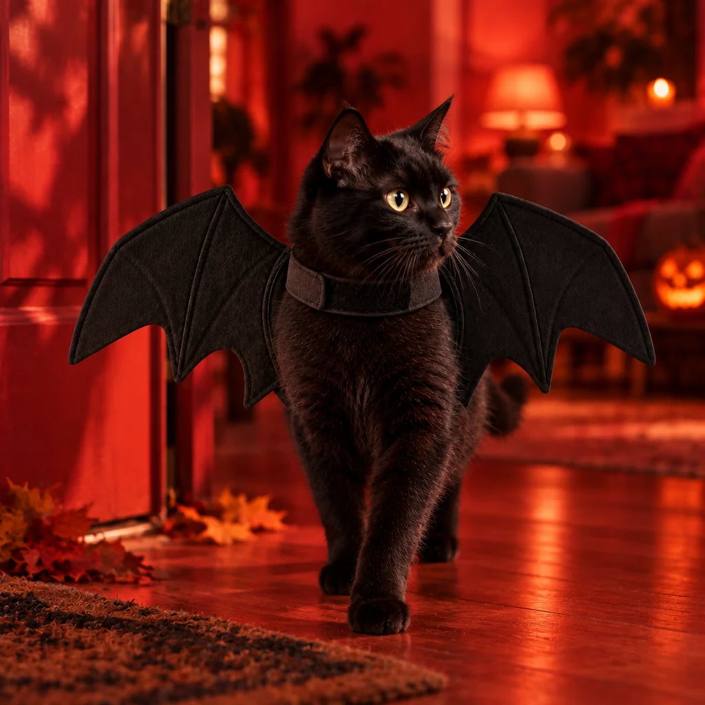 The exact black bat-wing costume from ref r13 is the subject, fully spread around a small black cat'
