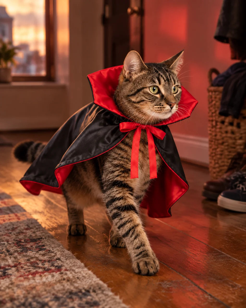 The exact red-and-black satin PetJoy vampire cape with raised red collar, red neck ties and uncovere