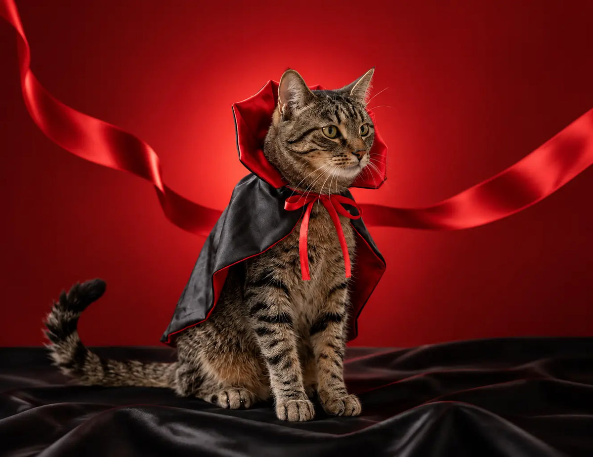 The red-and-black satin vampire cape with raised collar and red neck ties, worn fully visible on a s