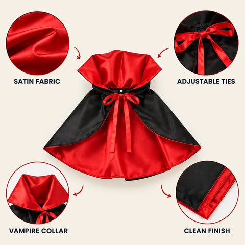 PetJoy vampire cape product detail graphic showing satin fabric, adjustable ties, collar and clean finish