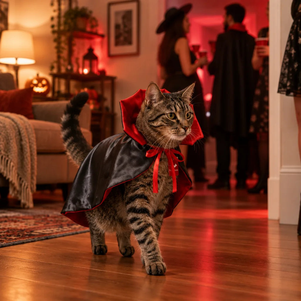 The red-and-black satin vampire cape with raised collar and neck ties, worn clearly on a calm tabby