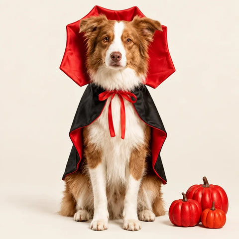Closer square studio portrait of a dog wearing the red-and-black PetJoy vampire cape