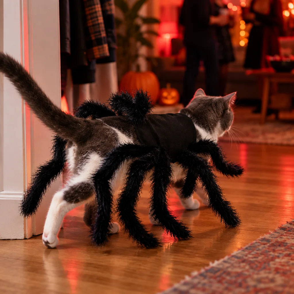 The exact black spider costume from ref r12 is the subject, worn by the same small gray-and-white ca