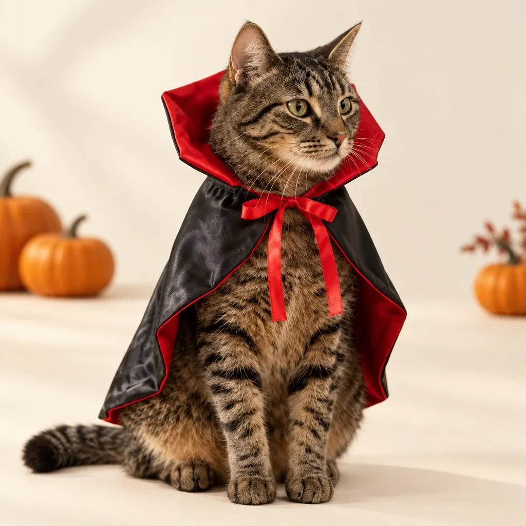 Tabby cat wearing the PetJoy red-and-black vampire cape with Halloween pumpkins