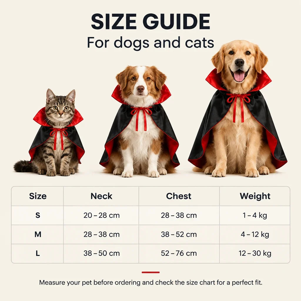 PetJoy English size guide for the vampire cape with S, M and L measurements