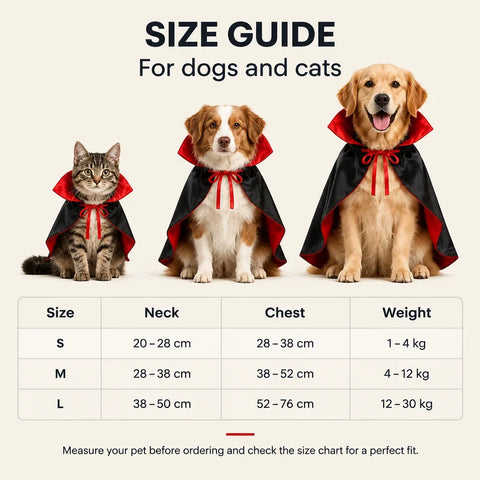 PetJoy English size guide for the vampire cape with S, M and L measurements