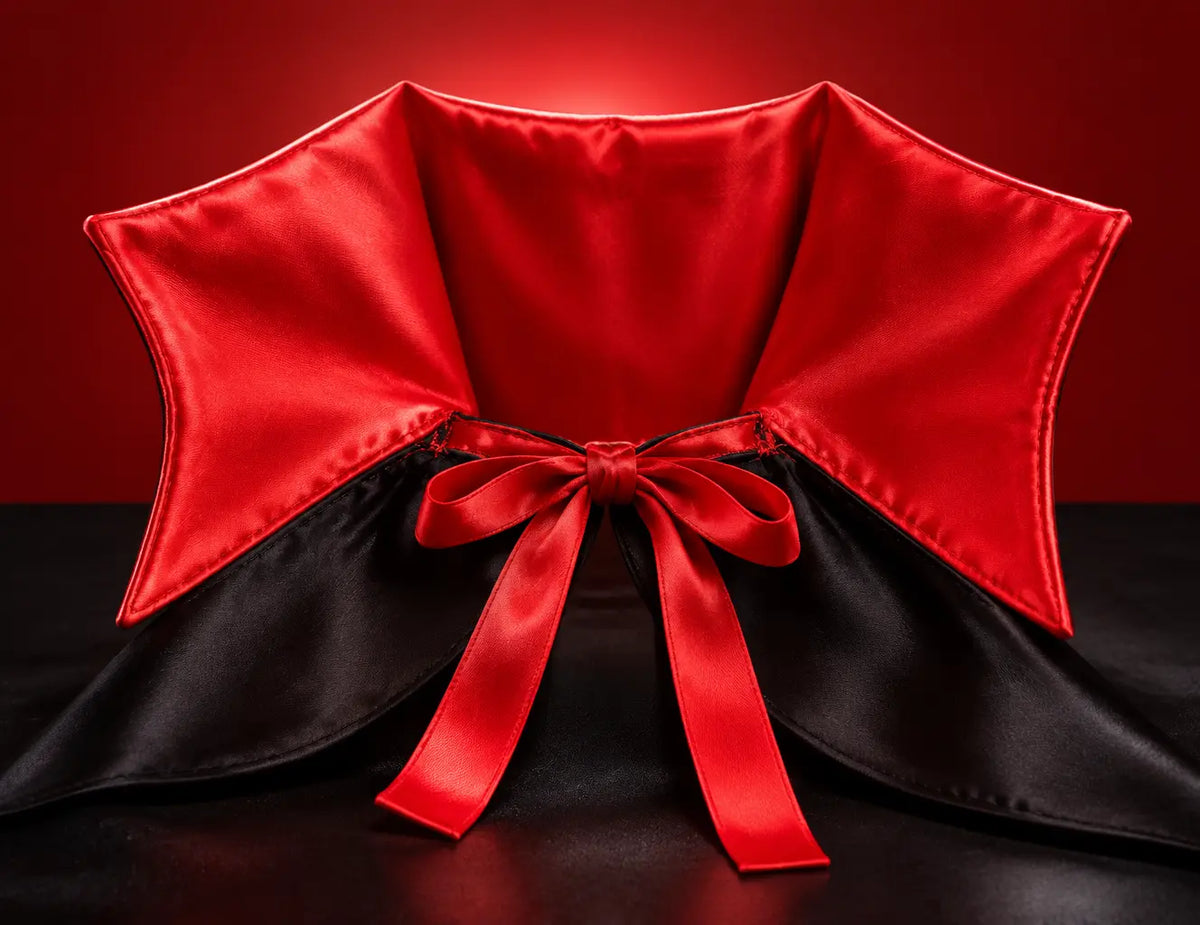 The vampire cape’s raised red collar, red satin neck ties and their stitched attachment point, filli