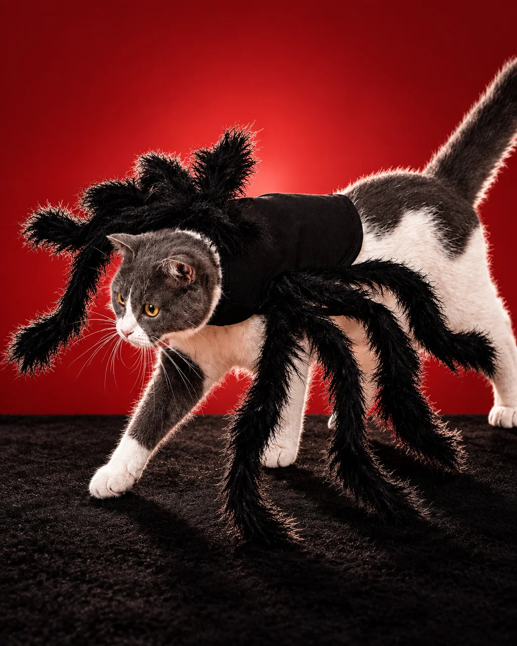 The exact black spider costume from ref r12 is the subject: fitted black body with multiple shaggy f