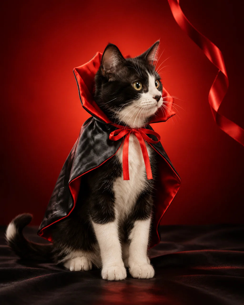 The red-and-black satin vampire cape with its raised red collar and red neck ties, worn clearly by a