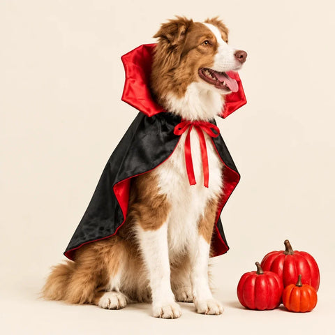 Happy dog in side profile looking right and playing with a toy while wearing a red and black vampire cape on a warm beige background