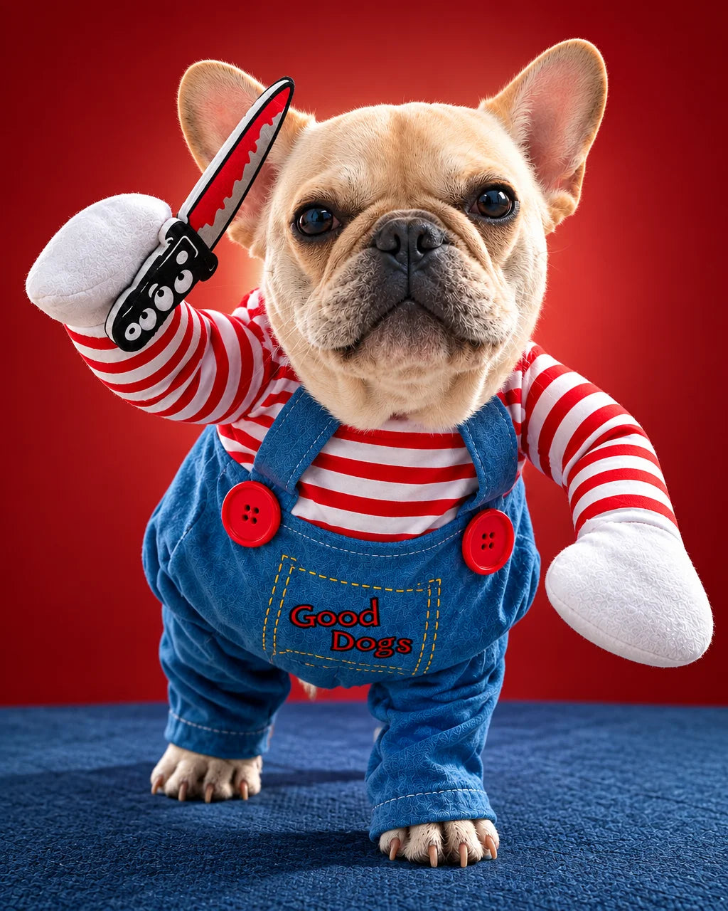 The exact blue spooky-doll costume from ref r10 is the subject: blue body, red-and-white striped top