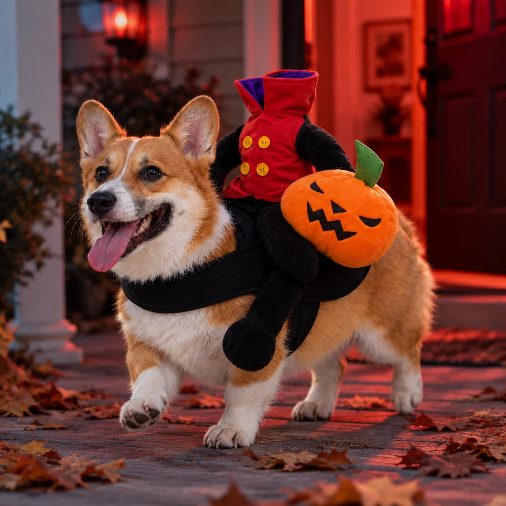 The exact black pumpkin-rider costume from ref r11 is the subject, worn by the same short-legged tan