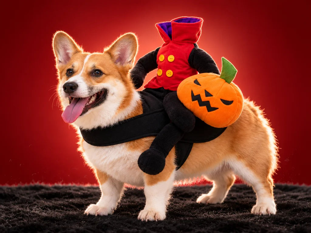 The exact black pumpkin-rider costume from ref r11 is the subject: a black wearable base with a red-