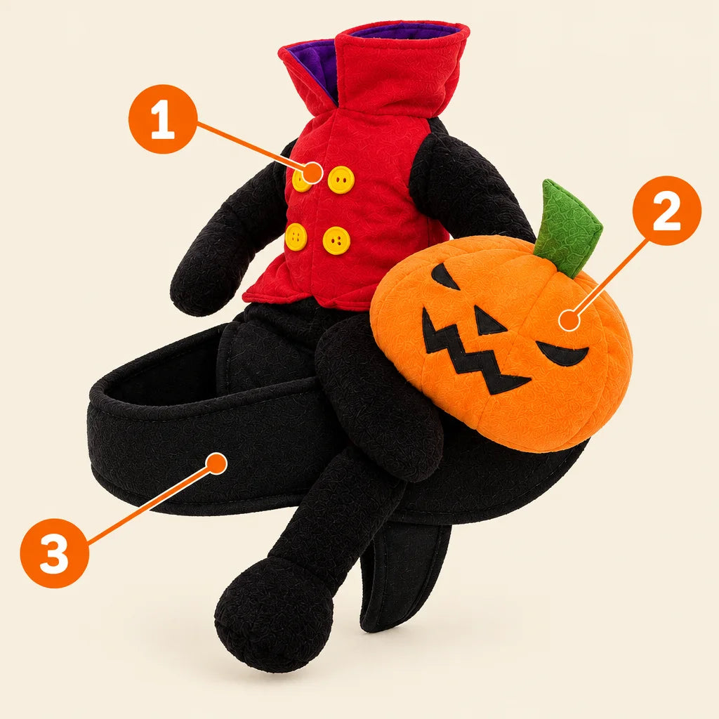 The exact black pumpkin-rider costume from ref r11 is the subject, shown large in a clean three-quar