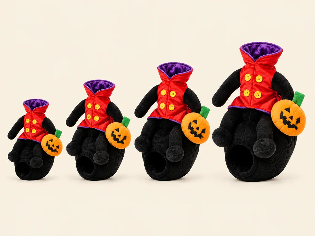 The exact black pumpkin-rider costume from ref r16 is the subject in a clean size-comparison graphic