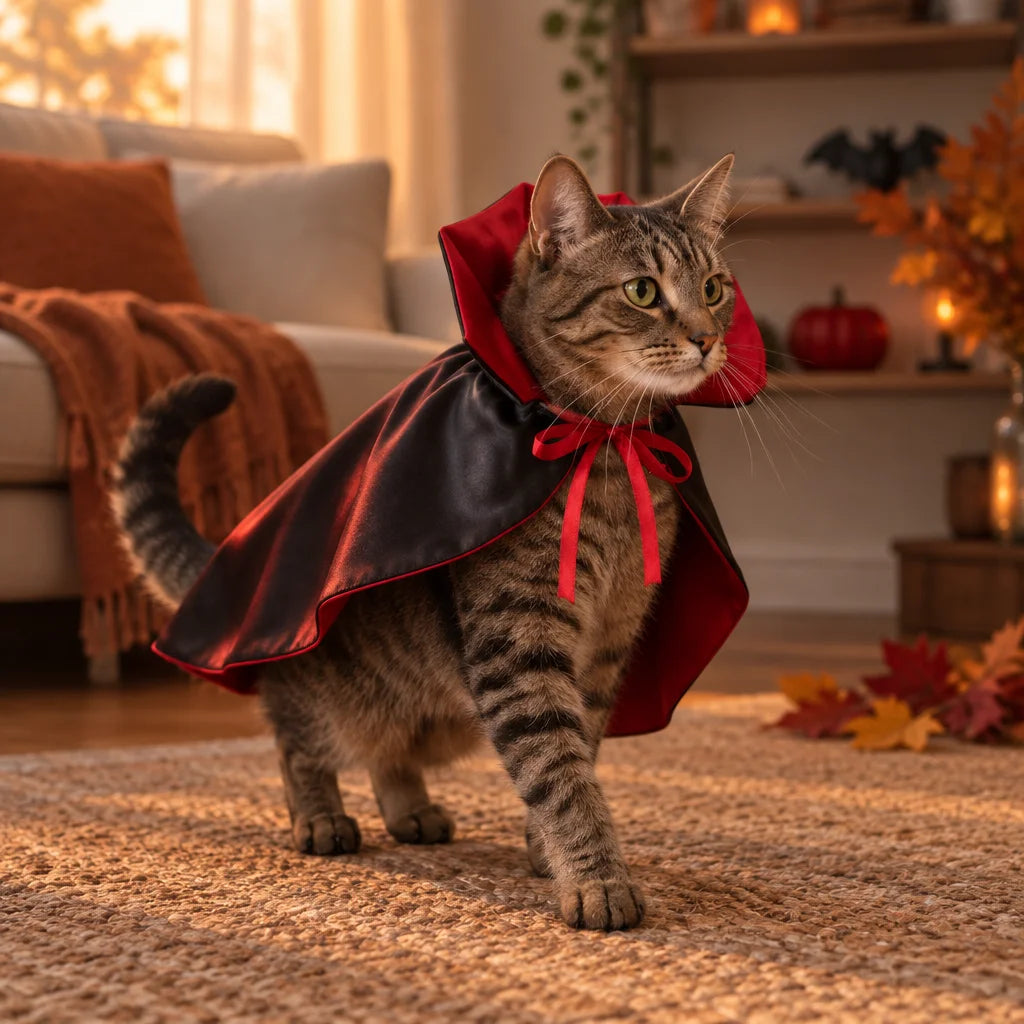 The exact PetJoy vampire cape: black satin-like cape with deep red lining, raised red collar and red